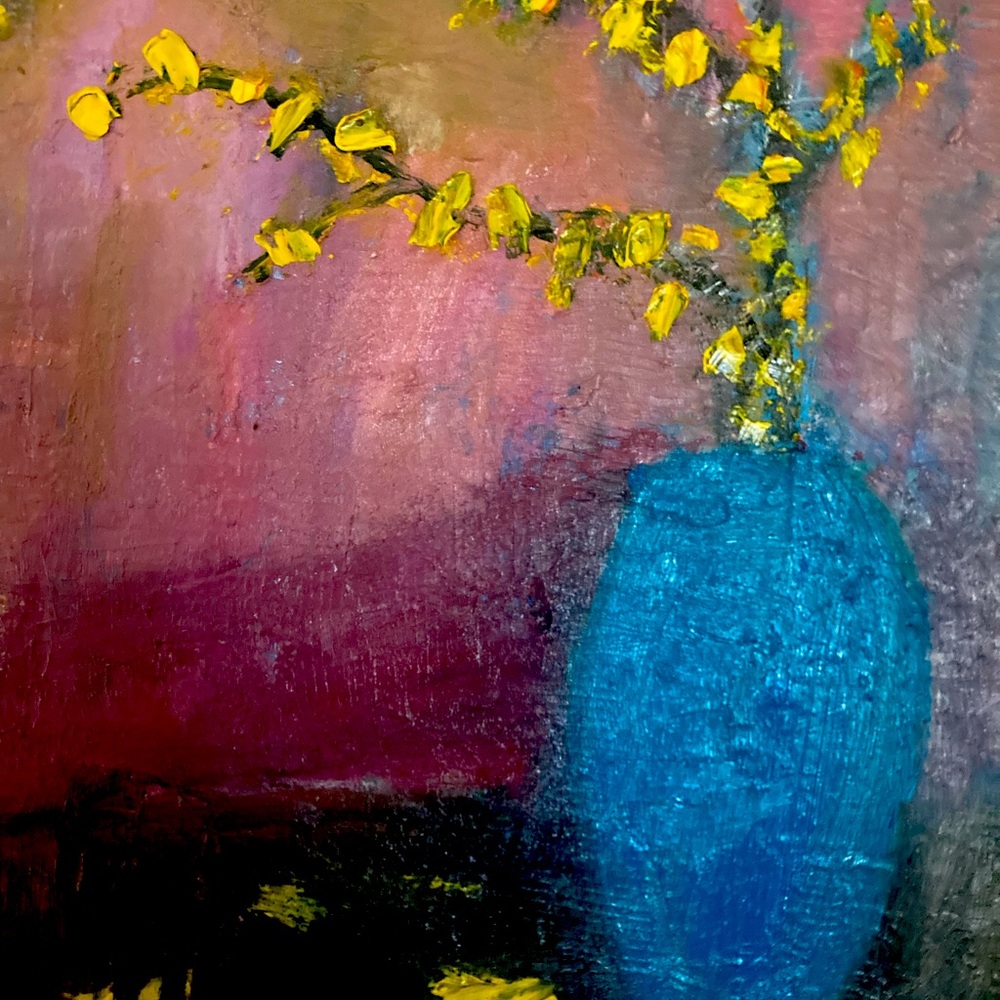Forsythia in Blue Vase